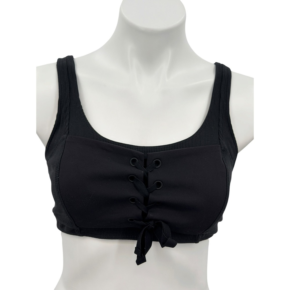 Free People Black Before You Go Sports Bra Women SZ M Ribbed Lace Up Athletic